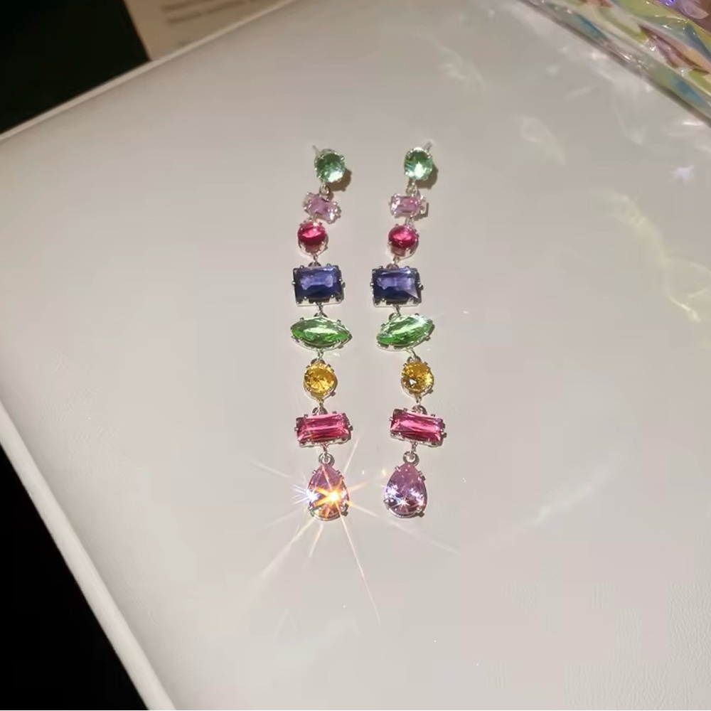 Multicolor Drop Crystal Earrings - Pink, Purple, Green, Yellow